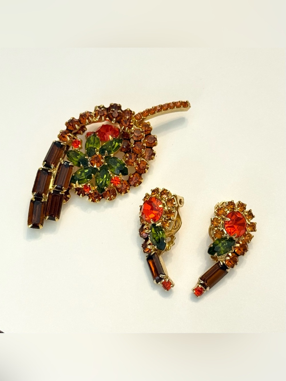 Juliana Baguette Fall Rhinestone Leaf Floral Brooch Earrings Orange Needs Repair